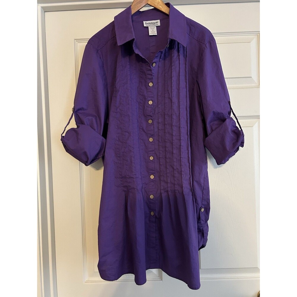 Serengeti Tunic Long Roll Sleeve Button Down Blouse Purple Sz 1X